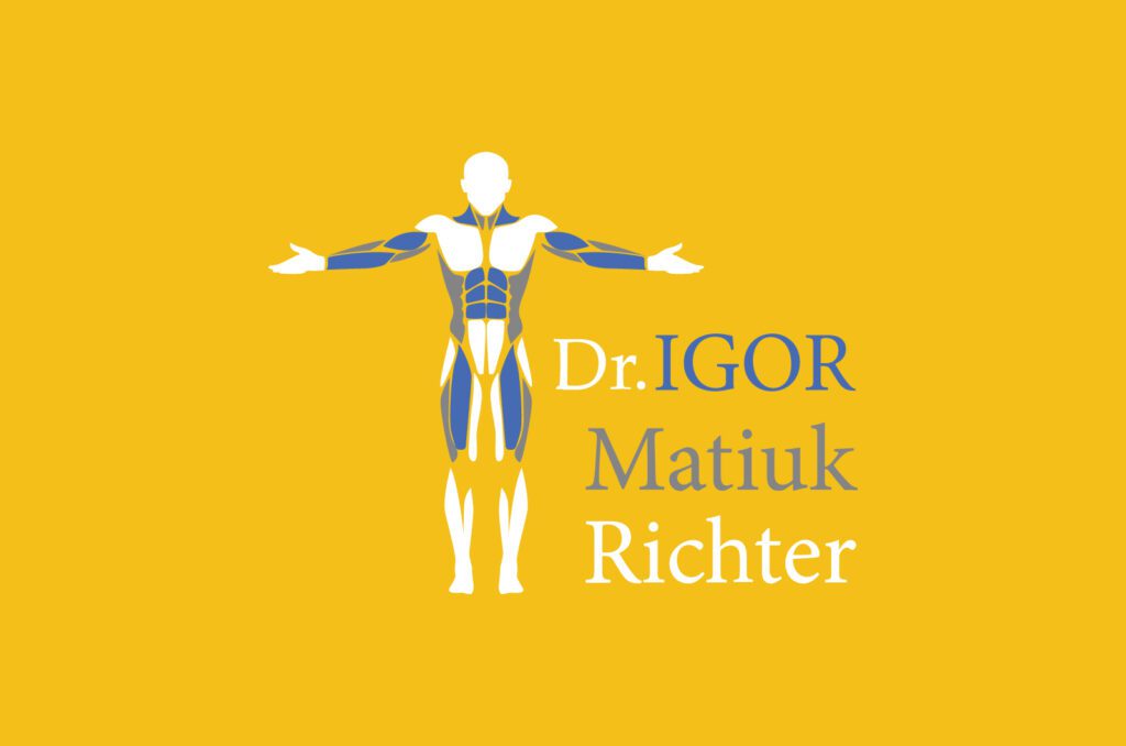 Dr Igor Matiuk Richter logo with human body anatomy illustration for physiotherapy and fitness branding design