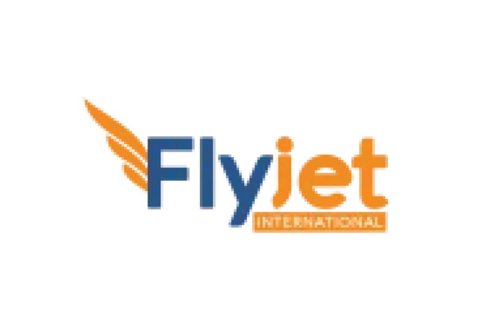 Flyjet International logo with wing icon and blue orange typography travel agency branding design
