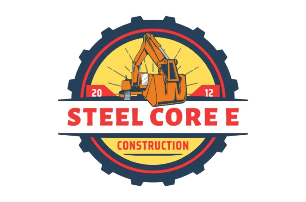 Steel Core E Construction logo with excavator machine and gear badge design