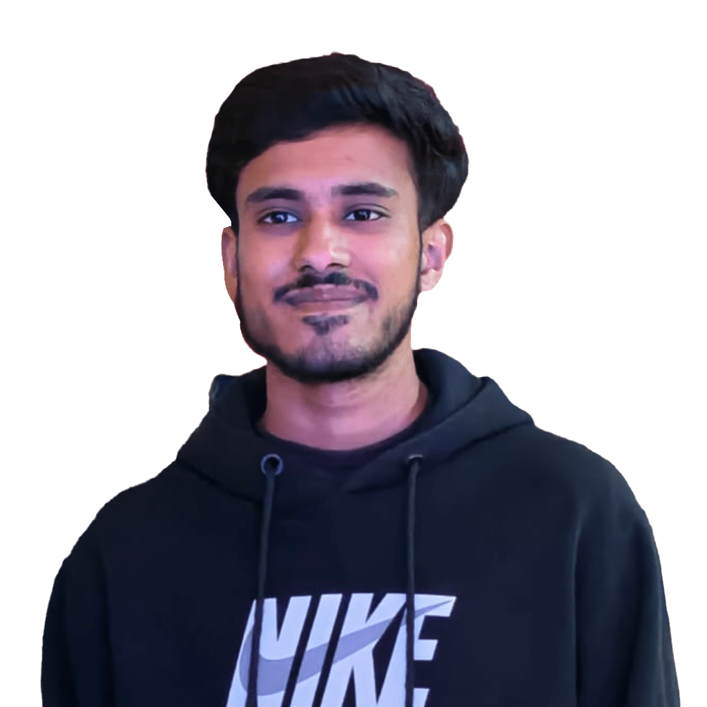 Young man smiling in casual hoodie, promoting digital marketing success.