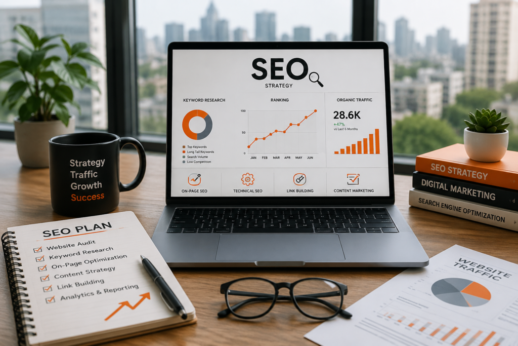 SEO strategy dashboard on a laptop with keyword research, website analytics, technical SEO, and organic traffic reports in a modern office workspace.