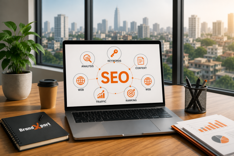 SEO agency in Dhaka consultation with SEO strategy dashboard showing website optimization, keyword research, analytics, and business growth planning.