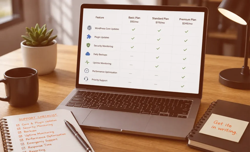 wordpress website maintenance plans comparing support services security updates backups and performance optimization