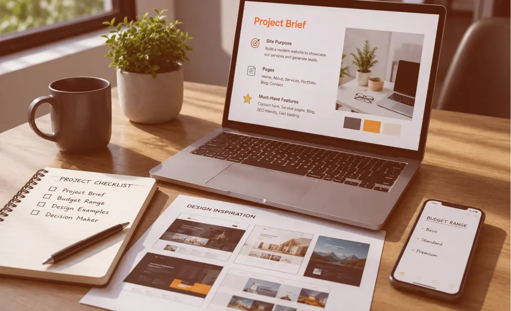 website project planning checklist with project brief budget design inspiration and wordpress development requirements