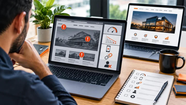 Professional business workspace showing a comparison between an outdated website and a modern redesigned website, featuring performance analytics, user experience improvements, mobile optimization concepts, and business growth indicators in a contemporary office setting.