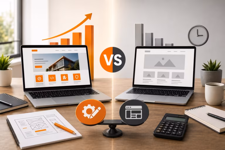 Professional side-by-side comparison of a custom website and template website displayed on laptops in a modern office workspace, featuring business growth visuals, website planning elements, and web development concepts with orange and gray accents.