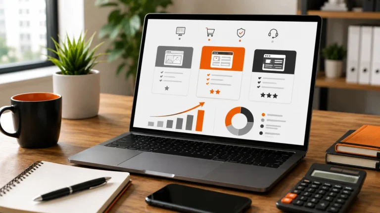 Modern office workspace with laptop displaying website pricing comparison dashboard, analytics charts, calculator, notebook, smartphone, and business planning tools on a wooden desk.