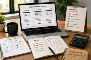Professional workspace showing website planning documents, pricing comparisons, website feature layouts, and business strategy tools, illustrating the factors that affect website development costs in Bangladesh.
