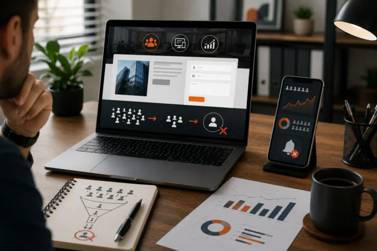 Business owner reviewing website analytics and a conversion funnel showing website visitors dropping off before becoming leads, with contact form and lead generation visuals on a laptop and smartphone.