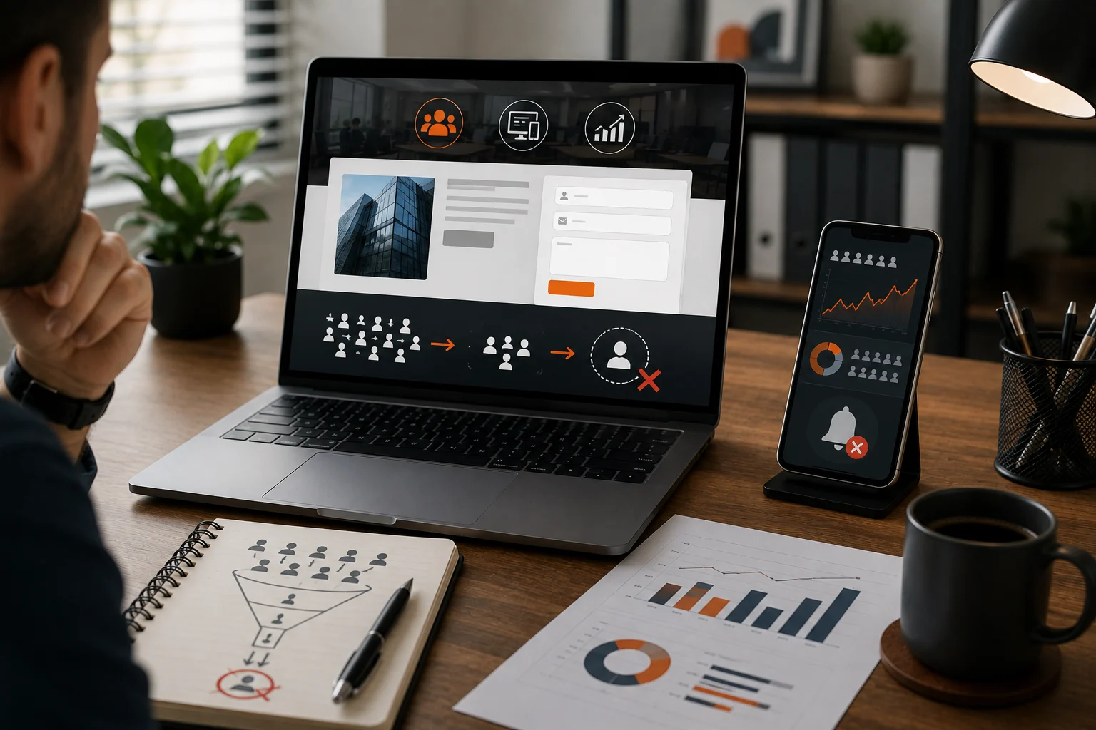 Business owner reviewing website analytics and a conversion funnel showing website visitors dropping off before becoming leads, with contact form and lead generation visuals on a laptop and smartphone.