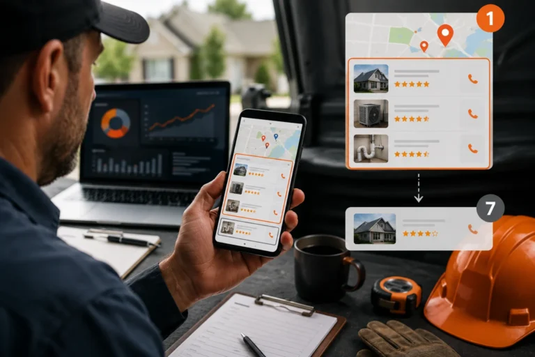 Home service contractor checking local Google search rankings on a smartphone, with map pins, business listings, review ratings, and ranking indicators showing the importance of appearing in the Google Map Pack.