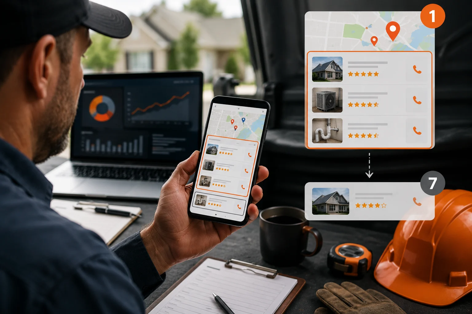 Home service contractor checking local Google search rankings on a smartphone, with map pins, business listings, review ratings, and ranking indicators showing the importance of appearing in the Google Map Pack.