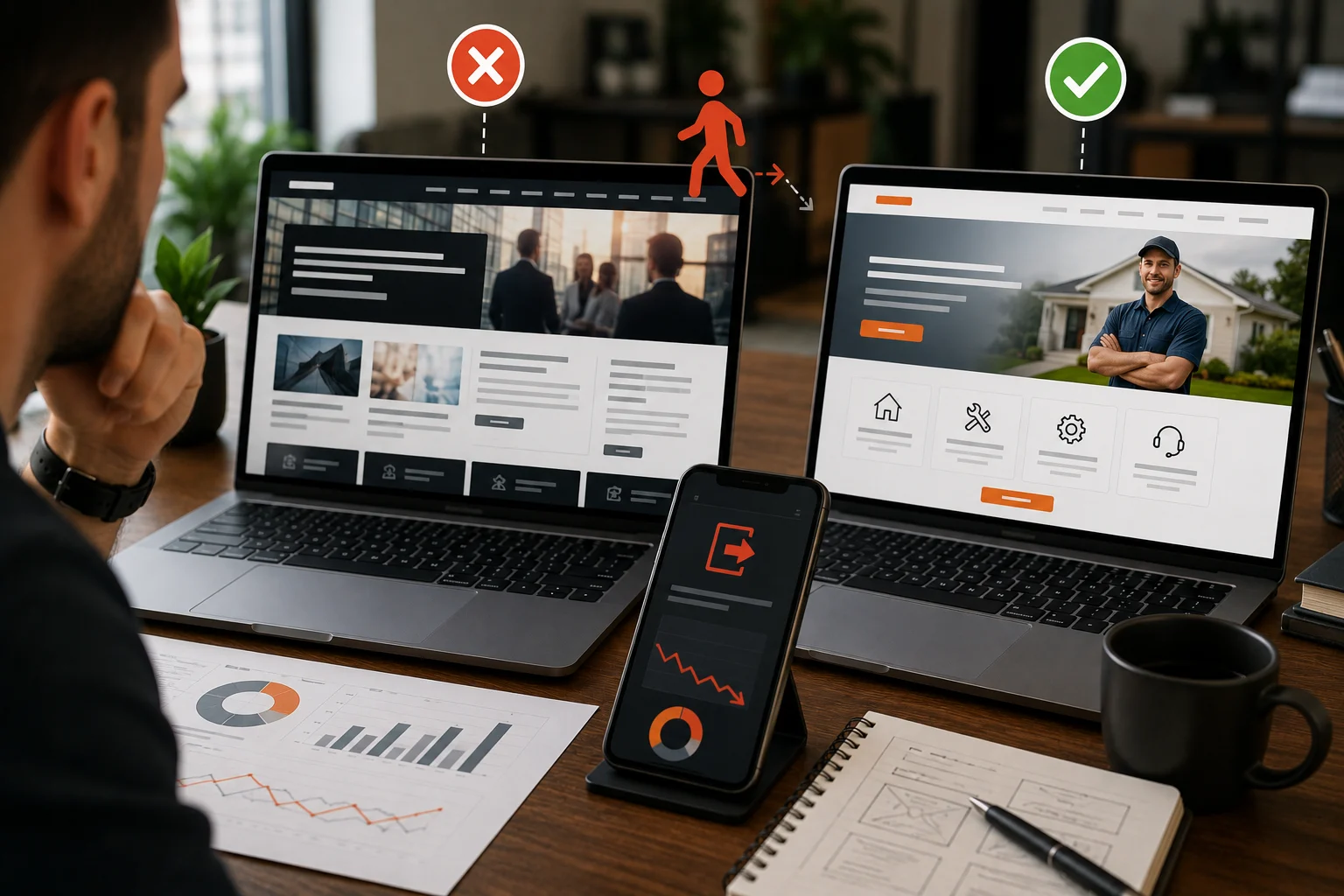 Business owner comparing a confusing website homepage with a clear service-focused website, illustrating how website messaging and user experience affect visitor engagement and conversions.