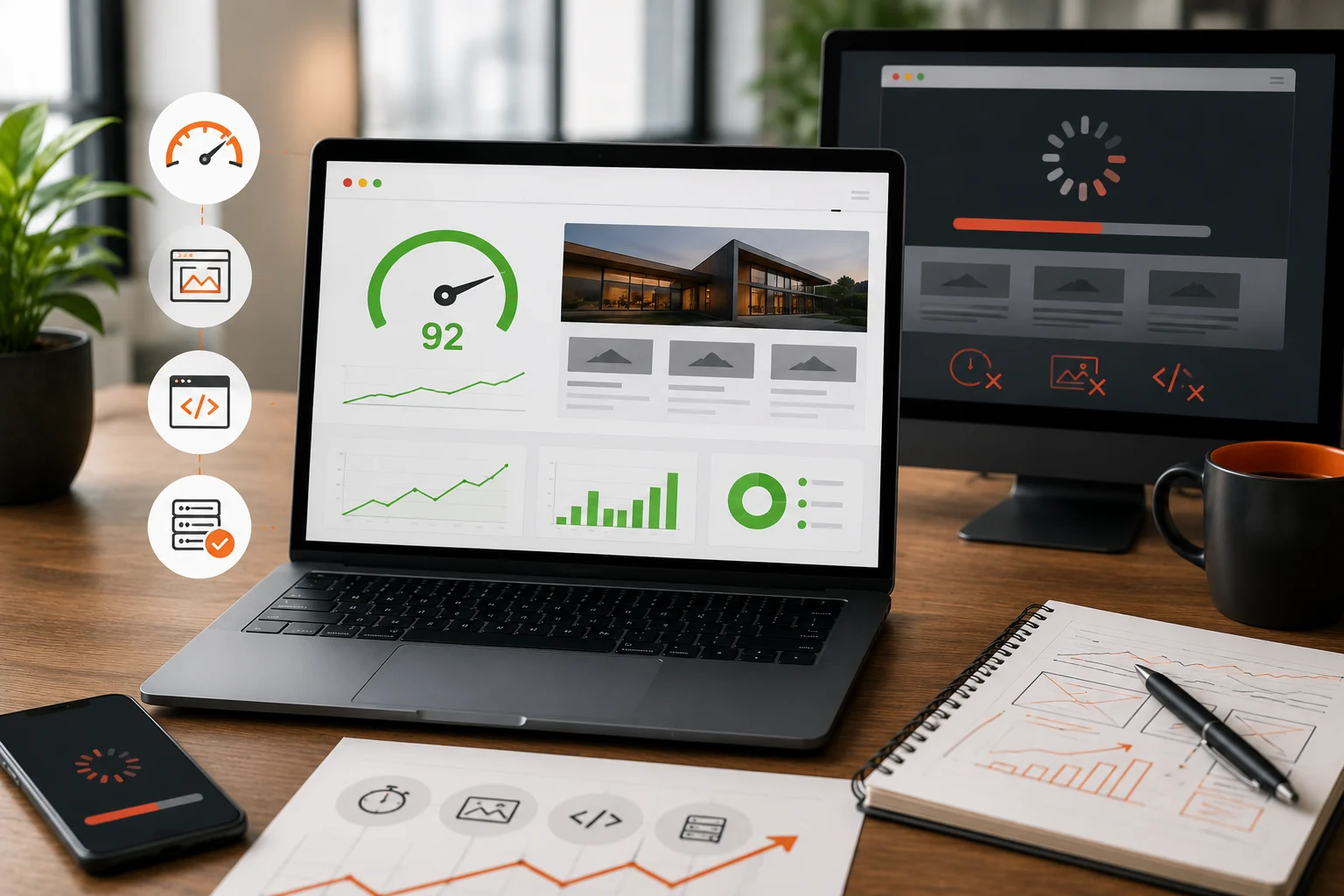 Premium modern office workspace with a laptop displaying website performance analytics, speed optimization indicators, loading performance visuals, and business growth metrics, representing the impact of website speed on user experience and conversions.